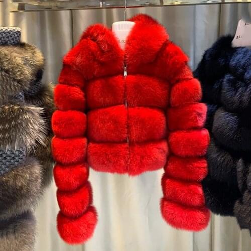 Rf20103 Womans Fox Fur Jacket with Hood Natural Fur Coat for Women Big Striped Cropped Fur Jacket