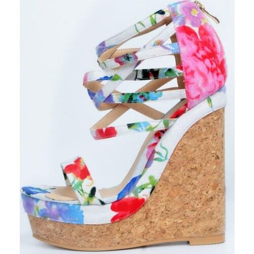 Summer High Platform Bright Floral Super Wedge Heels Sandals Women Cross Strap Bohemia Sandals Peep Toe Beach Vacation Shoes