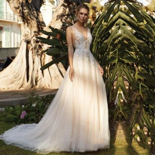 Champagne Wedding Dresses 2020 V-Neck Appliques Lace Tulle Backless Vintage Boho Bridal Gowns vestidos de novia 2021