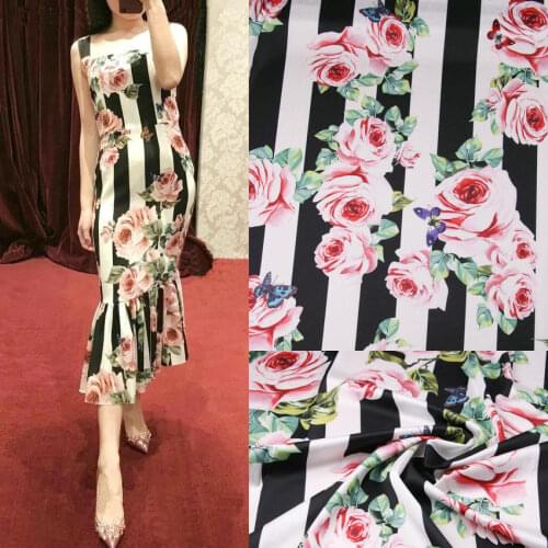 Stripe sicilian rose digital printed fabric for dress polyester soft silk satin fabric for women shirt imitate sewing cloth