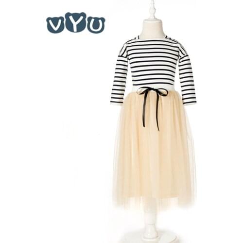 VYU Girls Set New Korean Child Clothing Teenager Kids Clothes Striped Full Sleeved T Shirt + Long Skirt 2 Piece Sets Age 3-14