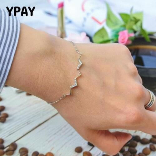 YPAY Real 925 Sterling Silver V Letter Bracelets & Bangles with Zircon Stone for Women Hands Contracted Fine Jewelry YMB024