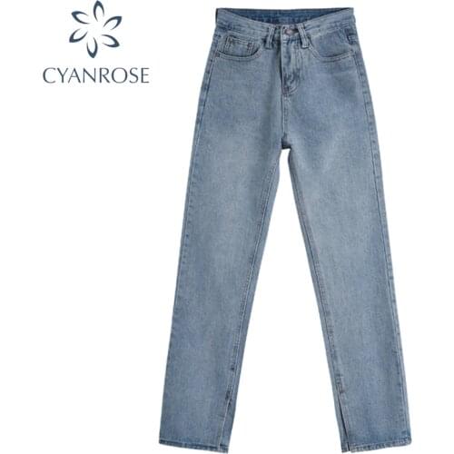 2021 Spring High Waist Jeans Women Blue Chic Pencil Jeans Trousers Hem Split Loose Retro Relax Street Straight Overlength Pants