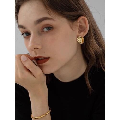 18K Solid Yellow Real Gold Jewelry (AU750) Women Designer INS Fashionable Street Style Irregular Retro Geometry Glossy Earrings