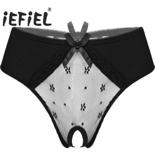 Women Female Sexy Panties Hollow Out Lace Bowknot Crotchless Briefs Underpants See-through Mesh Patchwork Lingerie Underwear