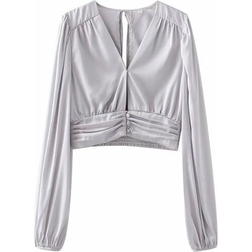 2021 Womens Fashion Sexy V-neck Backless Solid Color Top Grey Tighten Waist Shirring Lacing Vintage Female Top