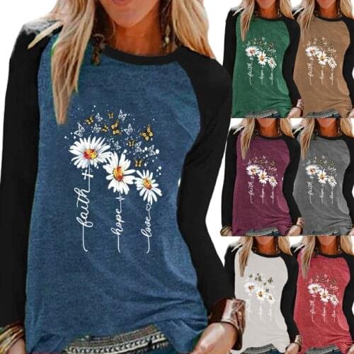 Womens Autumn and Winter New Leisure Round Neck Flower Print Comfortable Sweatshirt Long Sleeve Plus Size T-shirt Loose Top