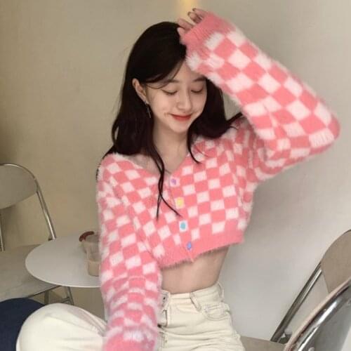Autumn Korean Sweet Cute Pink plaid Knit Sweater Women winter Long Sleeve Harajuku Short Crop Sexy Cardigan SweaterFashion Tops
