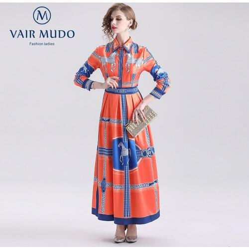 Women New Retro-Printed Long Dress With Big Swing And Waist Slimming Elegant Polo Summer Autumn Fashion Dress Female Y-215