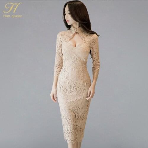 H Han Queen Sexy Pencil Lace Dresses Women Korean OL Sheath Work Casual Slim Elegant Hollow Party Bodycon Dress Long Vestidos