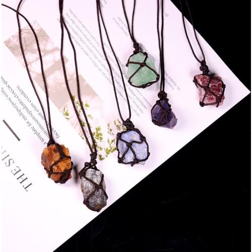 1PC Raw Crystal Braid Net Pocket Pendant Quartz Necklace Reiki Healing Stone Quartz Necklace Labradorite Hangings Craft Gift