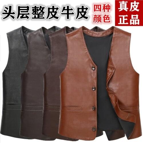 2021 Mens First Layer Cowhide V-neck Autumn and Winter Leather Vest Solid Color Fashion Suit Cowhide Vest