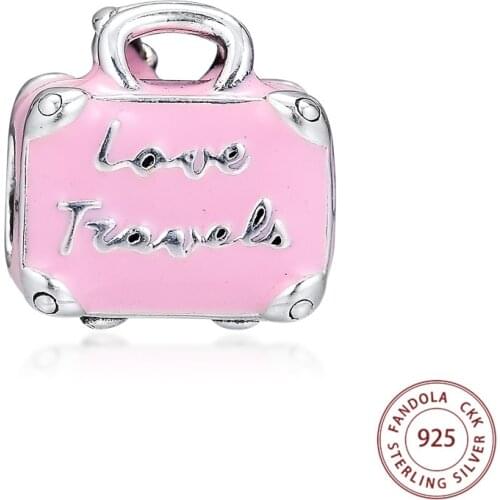 CKK 925 Sterling Silver Pink Travel Bag Charms Fits Pandora Charm Bracelet Necklace Suitcase Beads DIY Jewelry Making berloques