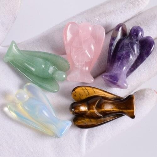 Crystal And Stone Angel Figurines Craft Carved Mini Cute Animal Natural Reiki Stone Pendant Mascot Home Desk Decoration 1.5 Inch