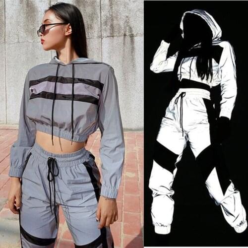 Women Running Sets Sexy Ladies Reflective 2pcs Sports Suit Hooded Jackets Street Fashion Hip Hop Jogging High Waist Tracksuit