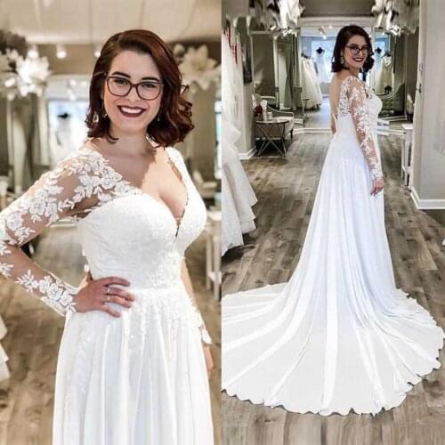 V-neck Appliqued Lace Long Sleeve Wedding Dress Plus Size Wedding Gowns Chiffon Skirt robe de mariee 2020