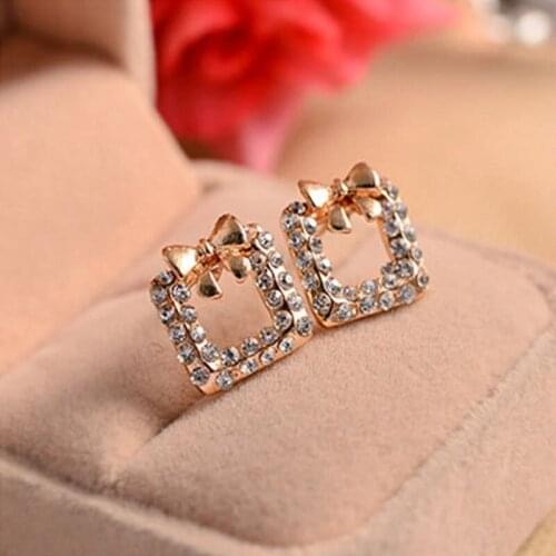 Korean Style Sweet Womens Stud Earrings Square Design Bow with Rhinestone Earrings Ladies' Jewelry Gift #ER106