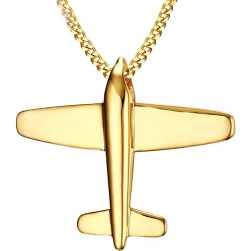 Granny Chic Mens Stainless Steel Airplane Pendant Necklace Gold-Color Aircraft - 24" Chain Xmas Gift