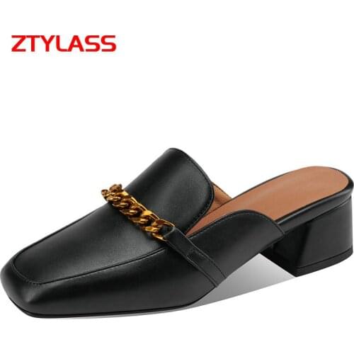 2021 Metal Chain Mules Square Toe Women Shoes Pumps Comfortable Low Heels Spring Autumn Slip On Lazy shoes Black Beige Brown