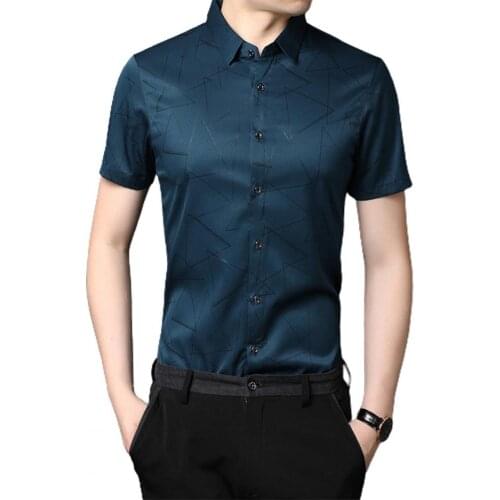 New Men Social Shirt Geometric Print Breathable Summer Lapel Short Sleeve Top for Business T-Shirts Men Clothing