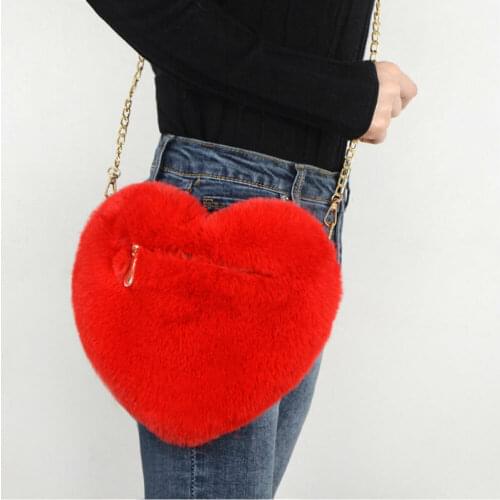 New Women Shoulder Bags Heart-shaped Bag Plush Love Shoulder Hairy Bag Valentine Day Gift /BY
