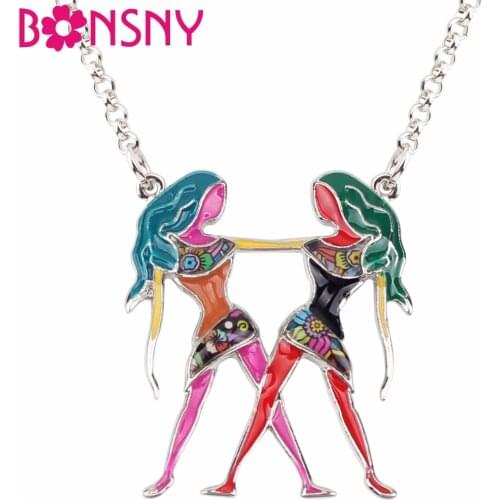 Bonsny Maxi Statement Metal Alloy Lucky Zodiac Gemini Necklace Pendant Fashion Chain Choker 2018 New Enamel Jewelry For Women