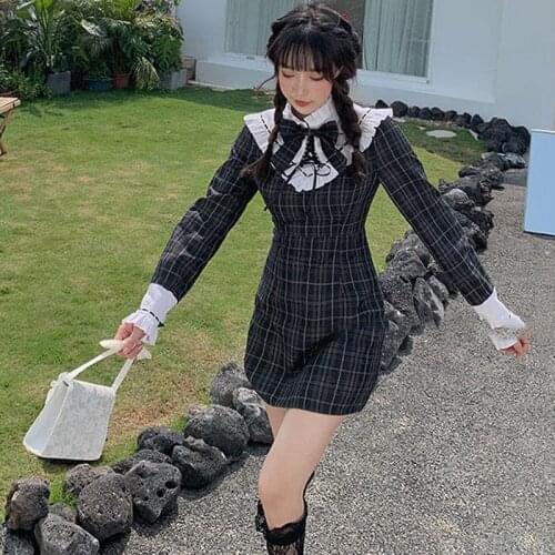 Japanese Punk Style Gothic Lolita Dress Soft Girl Harajuku Casual Mini Party Plaid Dress Women Ruffles Diablo Black Lace Dresses