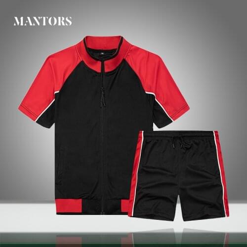 Summer New Men Casual Sets Zipper Patchwork Mens Sportswear Jogger Tracksuits Tshirt+Shorts Two Pieces Sets Loose Sports Suits