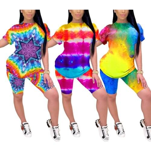 Tracksuit T-Shirt Top Training Suit Streetwear Tie-Dyeing Print Outfits Women O Neck Short Sleeve 2Pcs Set Slim Set Women