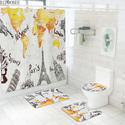 World Landmark Building Pattern Bathroom Curtains Tower Statue of Liberty Fabric Shower Curtain Set Bath Mats Rugs Toilet Cover