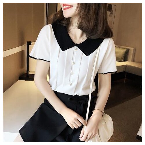 Knit Sweater Ice Silk Loose T-shirt Ladies Black and White Color Matching Polo Collar Short-sleeved Top Shirts for Women