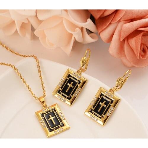 Gold black cross Pendant Necklace chain Earrings sets Jewelry Gold Christian jewelry sets for women girl Best Jesus Gifts
