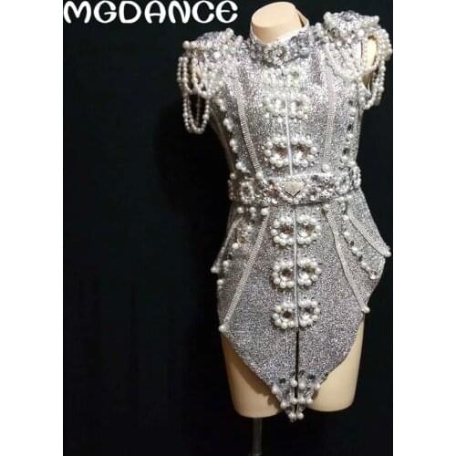 Sexy dance costumes Sparkly Silver Gray Pearls Crystals Outfit Dance Wear Nightclub Party Stage Dance Wear Singer Dance Costume