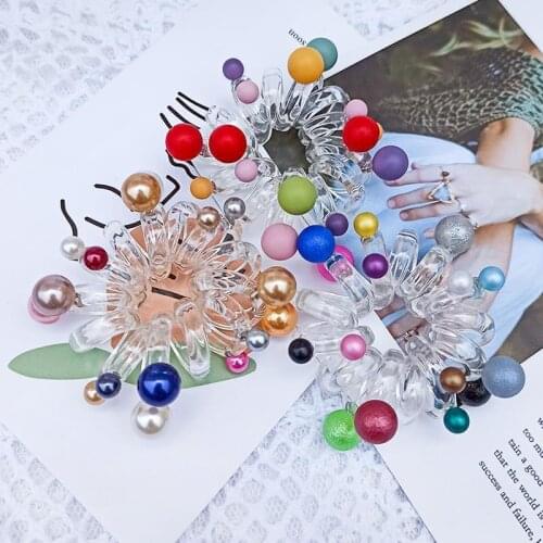 Telephone Wire Hair Ties with Colorful Balls Seamless Spiral Shape Hair Bands Women Girls Elastic Bands for Hair Ponytail Holder