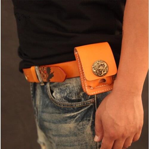 Handmade Women Men Vegetable Tanned Leather Locomotive Lighter Bag Cowhide MINI Chest Cigarette Bags String On The Belt