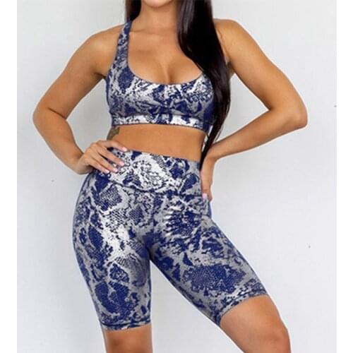 Snake Print Two Piece Set Womens Tracksuit Summer Fitness Glitter Shorts Sets Sportwear Push Up Yoga Bra Seamless Leggings 2021