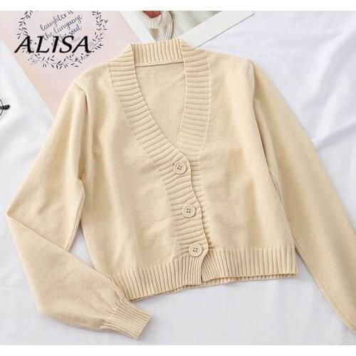 Women Knitted Cardigan Sweater Casual Solid V-neck Button Loose Short Cardigan Ladies Preppy Knitted Sweater