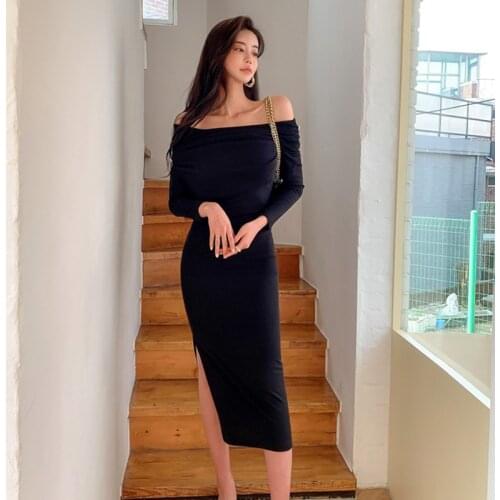 New arrival fashion spring midi party dress women OL temperament casual sexy off-shoulder cotton slim split pencil holiday dress