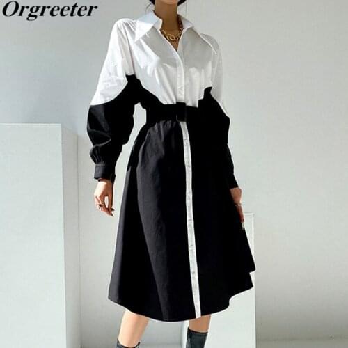 Stylish Patchwork A-line Windbreaker Dresses Women Robes Mujer 2021 Fall New Single-breasted Full Sleeve Belted Female Dresses
