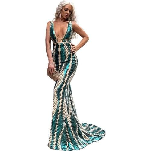 Mermaid Evening long dress women deep v-neck banquet party maxi dress irregular striped celebrity host dress sequin dress green