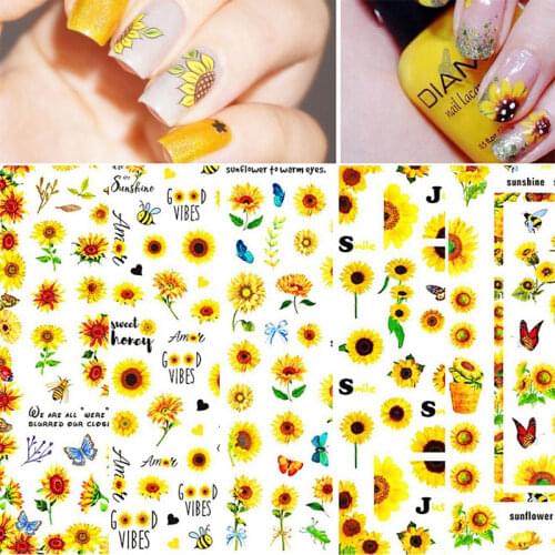 12pcs Sunflower Nail Stickers Blossom Florals Nail Art Water Decals Transfer Foils Sliders Decorations For Manicure Decoration