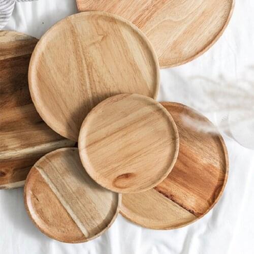Robber Wood Whole Wood Solid Japanese Wooden Pan Plate Fruit Bread Dishes Saucer Tea Tray Dessert Dinner Platter Round Shape