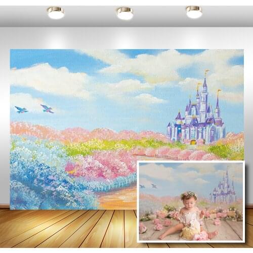 Castle And Flowers 1st Birthday Photo Props Studio Booth Background Blue Sky White Clouds Photography Background Newborn Baby