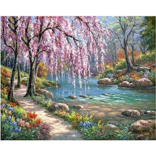 Hot Sale 60% Tree River Frameless DIY Oil Painting By Numbers Kit Living Room Home Wall Decor