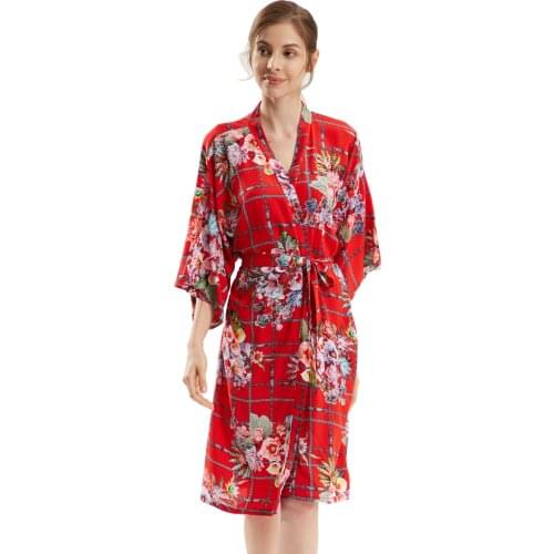 BALDAUREN Summer Cotton Silk Ladies Mid-Length Cardigan Nightgown Home Service Mid-Sleeve Floral Single Gown