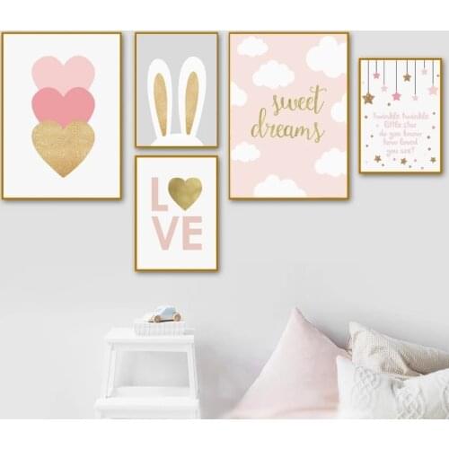 Baby Nursery Blush Pink Canvas Painting For Girl Bedroom Nordic Wall Art Poster Gold Heart Love Decoration Print Picture Decor