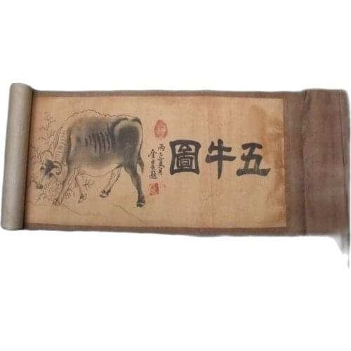 Chinese Ancient Picture Silk Paper Blades Figure Scroll Painting Five Cattle Chart
