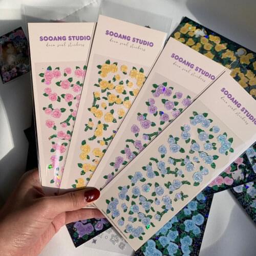 Korean Holographic Rose Laser Sequin Stickers DIY Scrapbook Idol Card Album Stationery Couple Gift Decorative Stickers