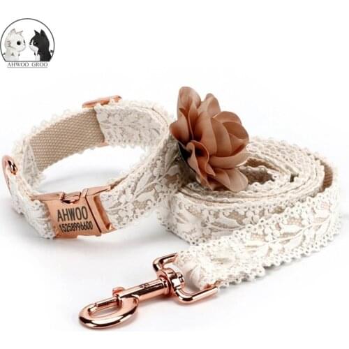Lace Dog Collar Set Fashion Flowers Girl Puppy Cat Dog Tag Collar Leash Adjustable for Small Medium Large Dogs Free ID Pendant