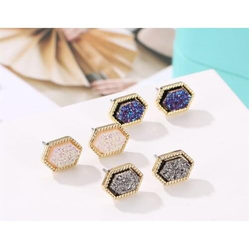 Mini Hexagon Resin Druzy Drusy Stud Earrings Fashion Famous Brand Designer Jewelry Gold Stud ACC
